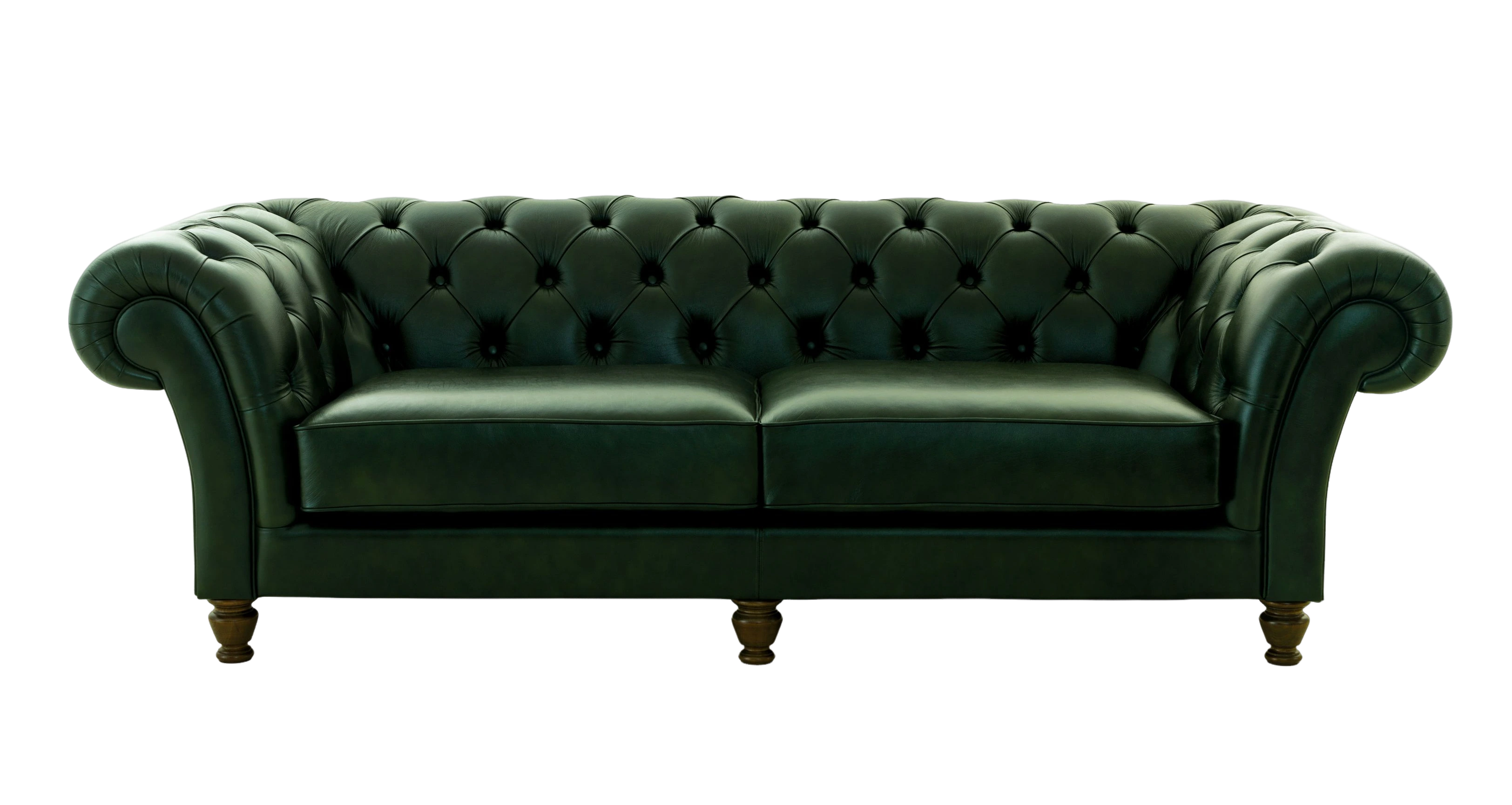 5bb43b48-f221-4dd2-8678-2d17192109a4-image Green leather Chesterfield sofa with tufted back and cushioned seat.