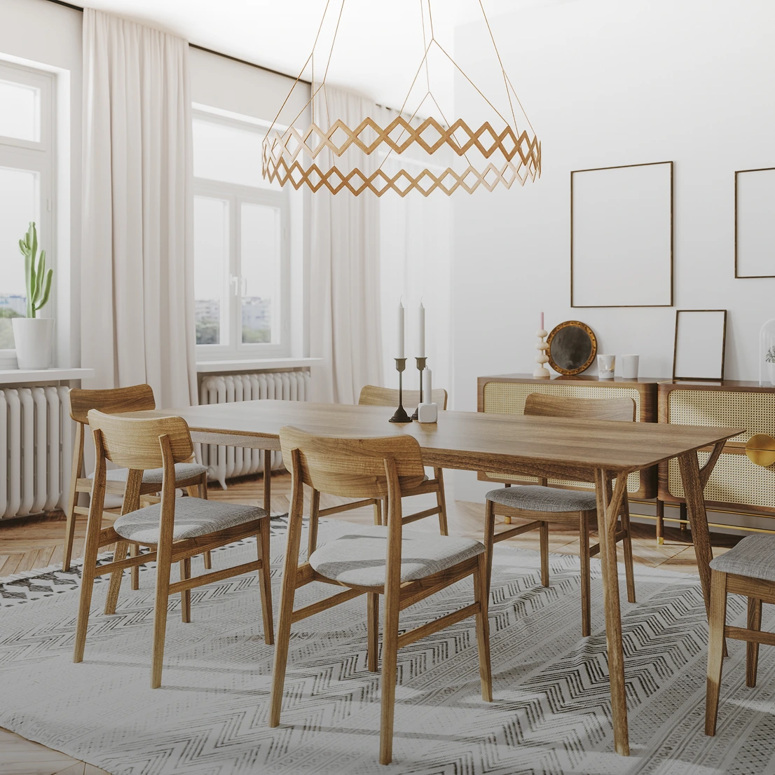 A modern dining room with a wooden table and six chairs, a geometric chandelier, light curtains, and two windows.