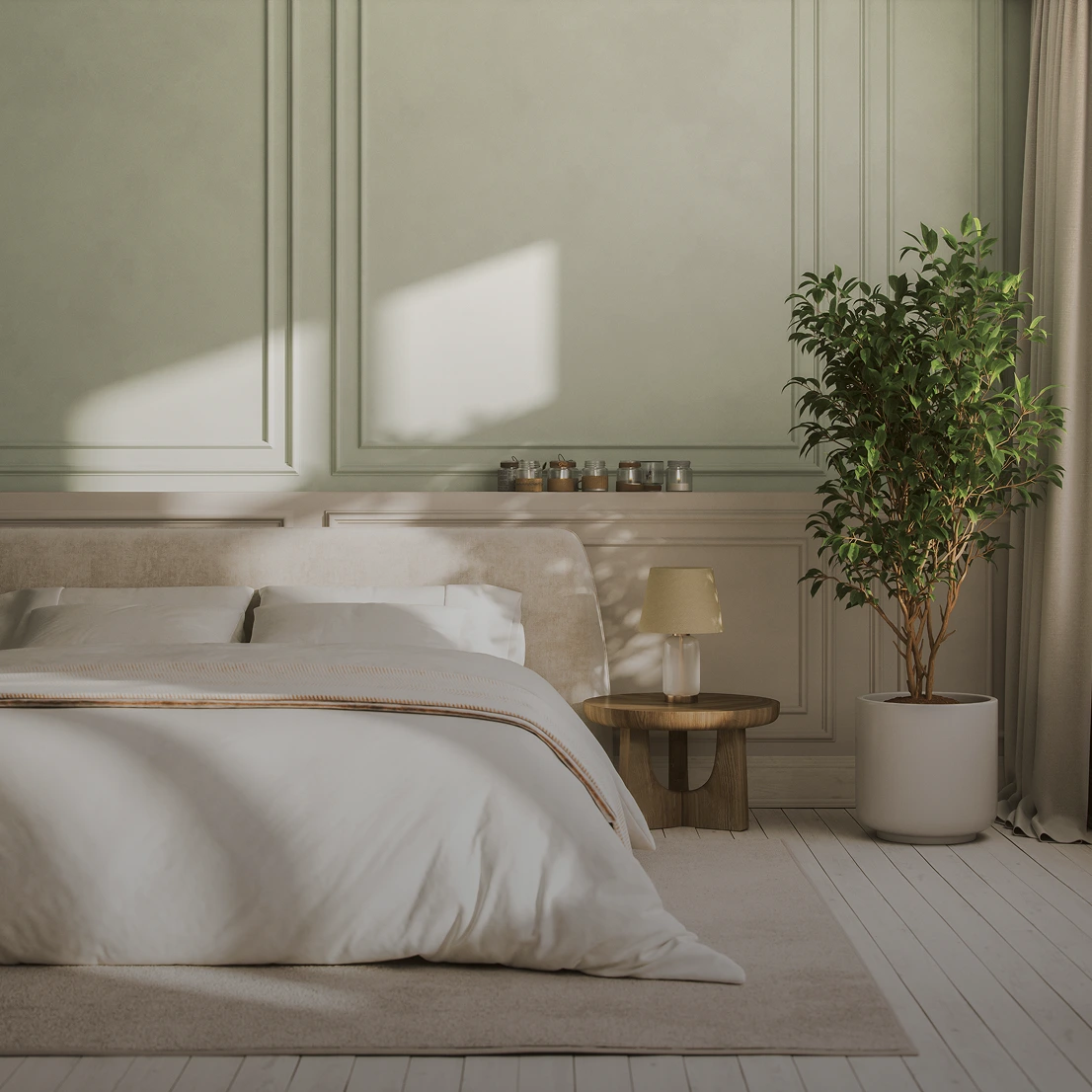 A serene bedroom features a neatly made bed with white linens, a wooden nightstand with a small lamp, and a potted plant. Sunlight filters through a window, casting light on the wall.