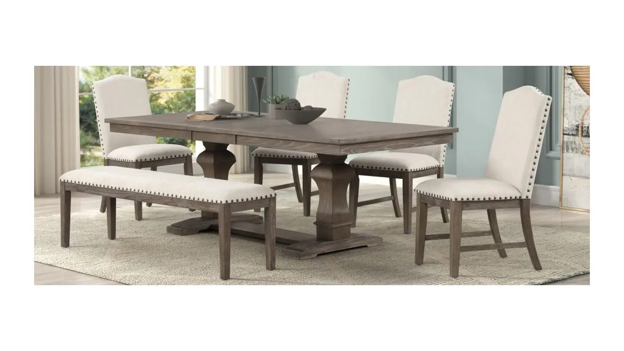 VIctoria Oak Dining A dining table with two chairs and one bench.