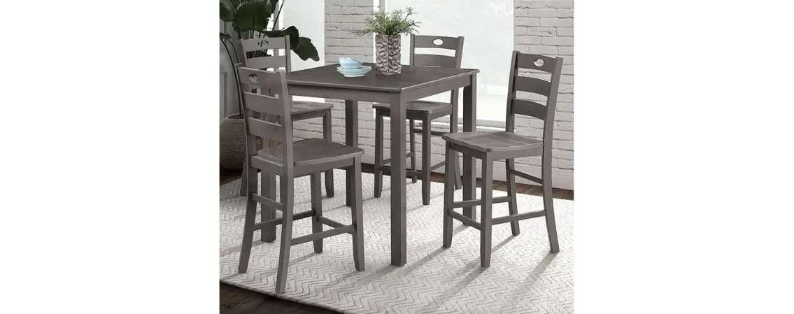 Gray dining set with four chairs.