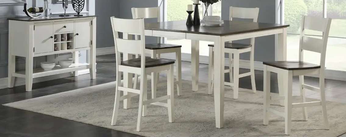 White dining set with four chairs.