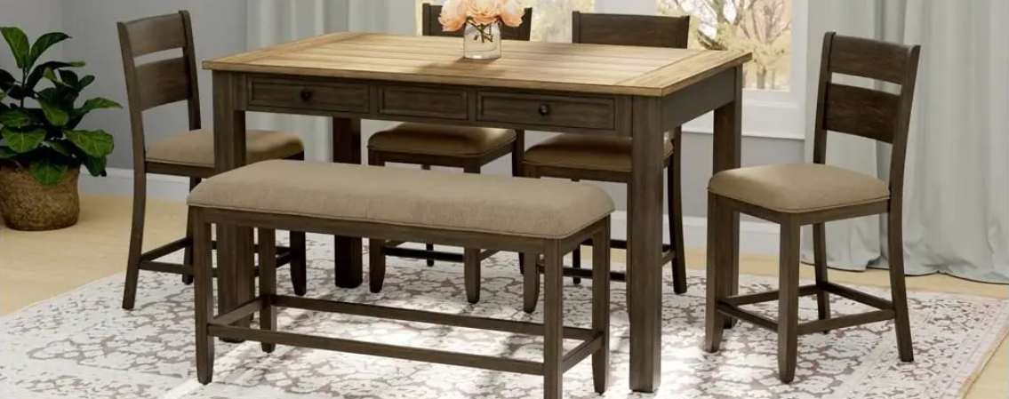 Dining set with table, chairs, and bench.