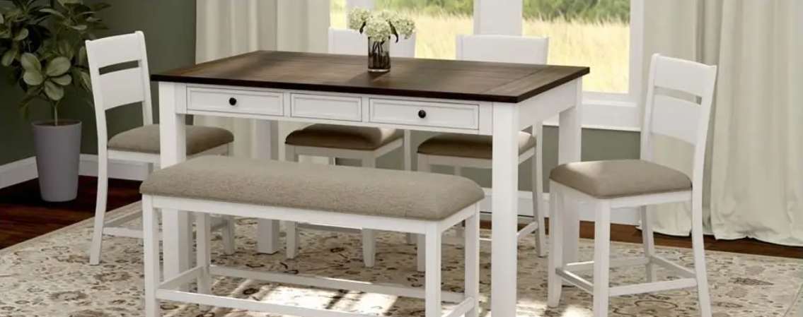Dining table set with chairs and bench.
