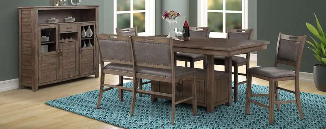 Dining room set with table and chairs.