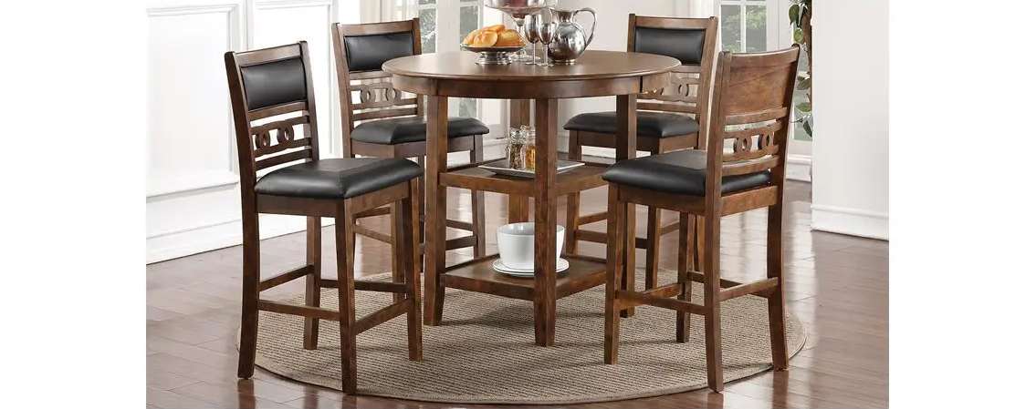 Wooden dining set with round table.
