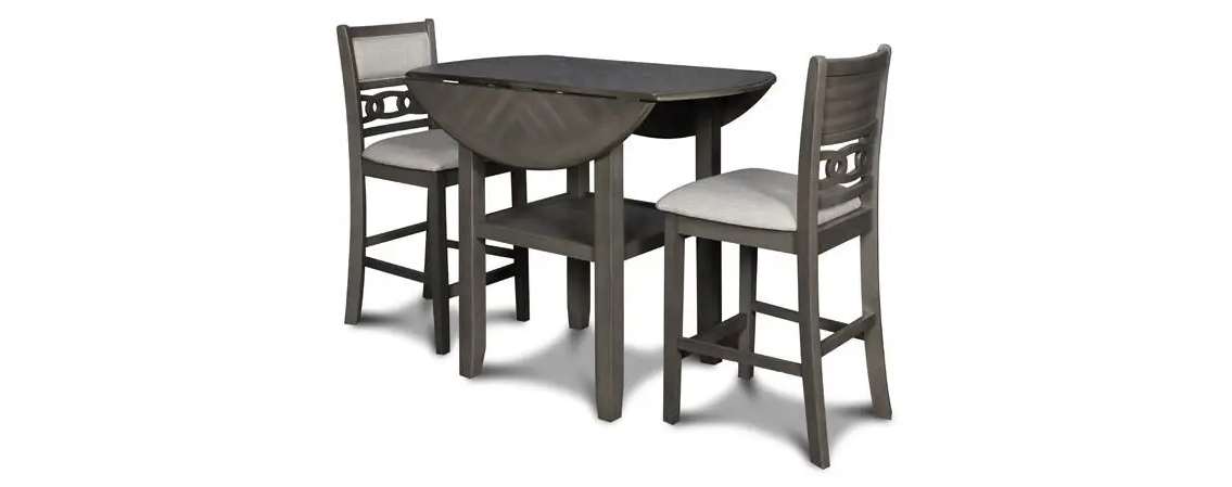 Gray dining set with two chairs.