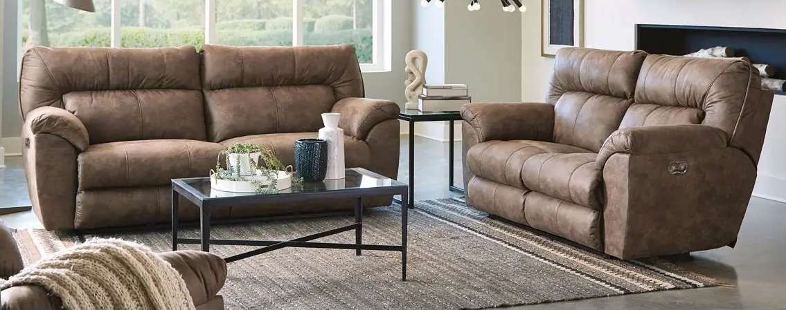 Brown sofas in a modern living room.