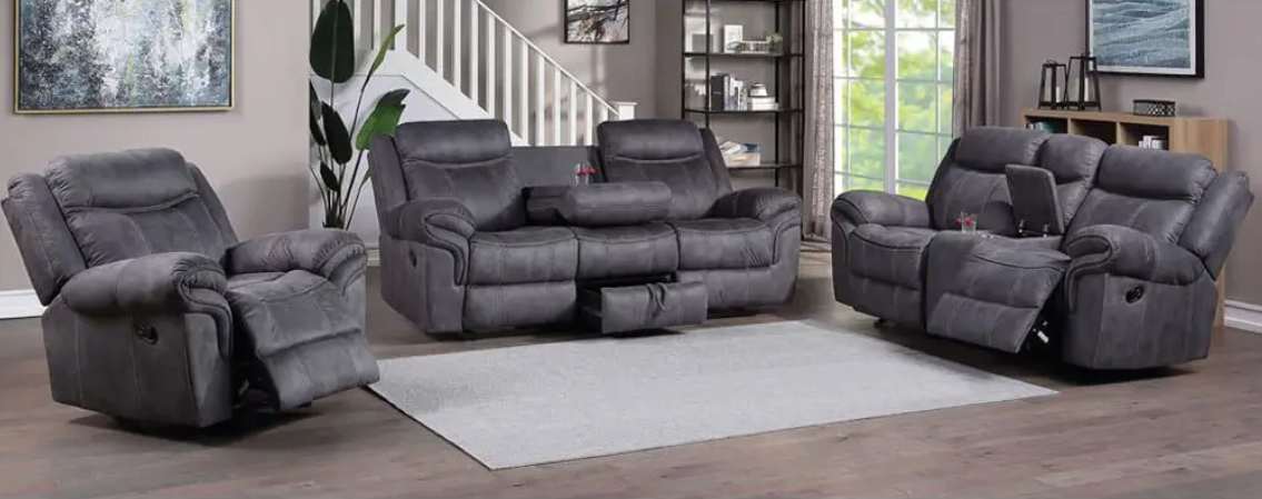 Gray reclining sofa set in living room.