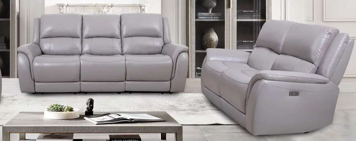 Gray leather sofas in a modern living room.