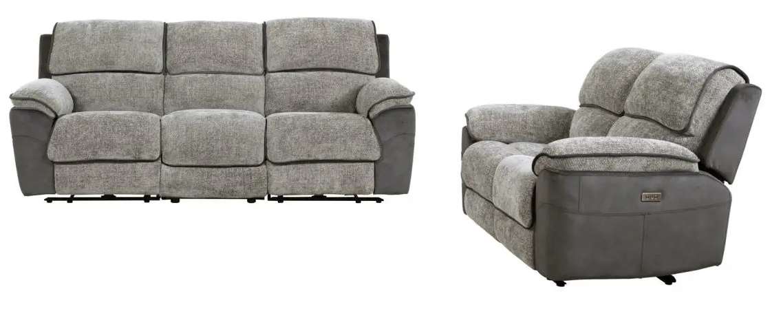 Gray fabric and leather reclining sofa set.