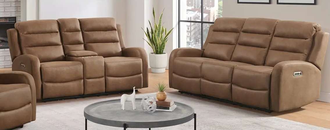 Brown recliner sofas in a modern living room.