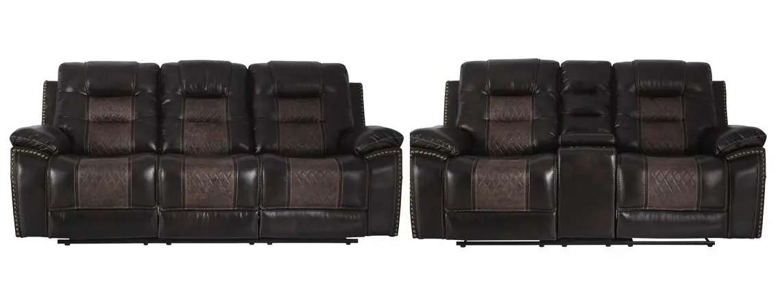 Brown leather sofas with recliner features.