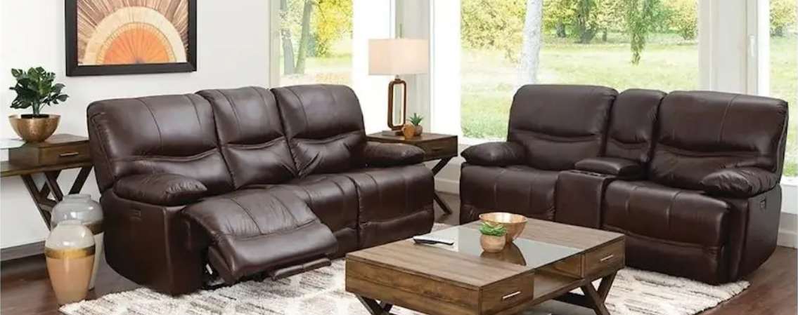 Brown leather sofas in a modern living room.