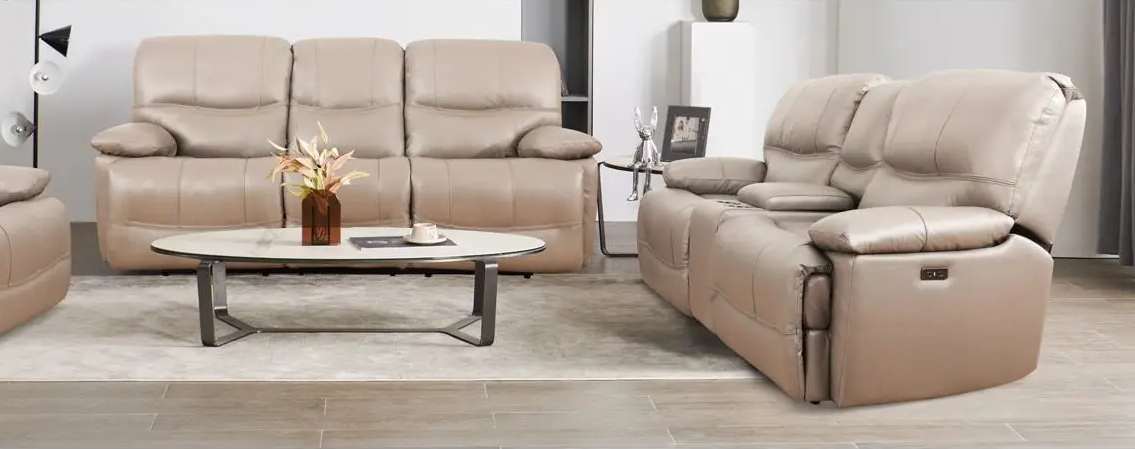 Beige leather sofas with modern coffee table.