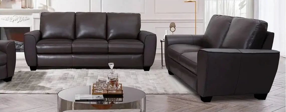 living room with dark brown leather sofas